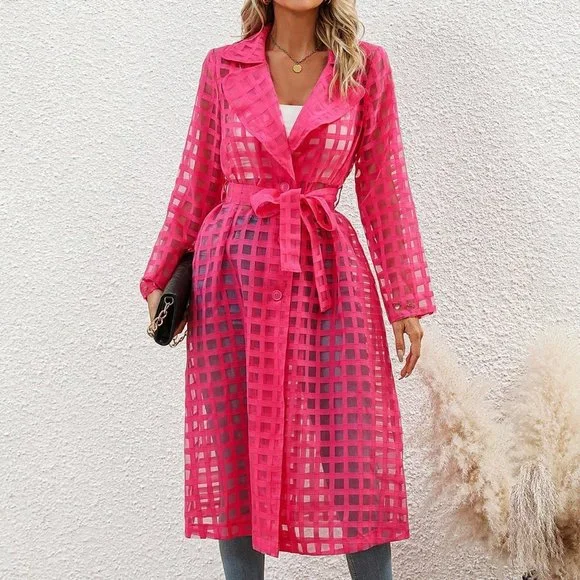 Jackets Coats Hot Pink Casual Womens Belted Lapel Collar Sheer